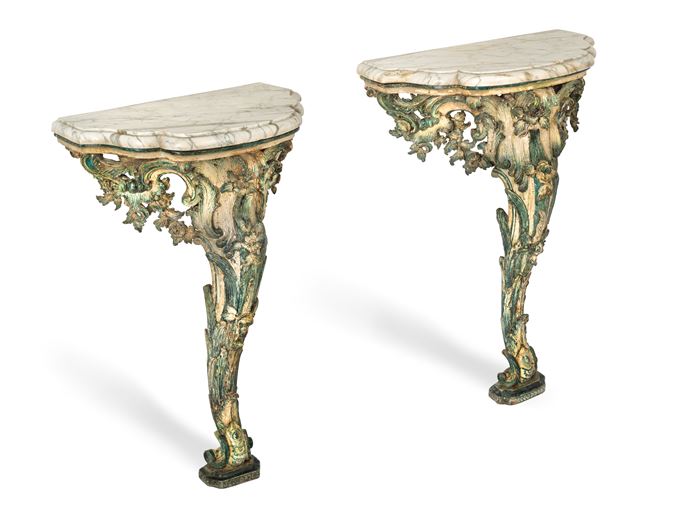 A Pair of Italian Rococo Green and White Painted Consoles with White and grey Marble Tops, Genoa, Mid-18th Century | MasterArt